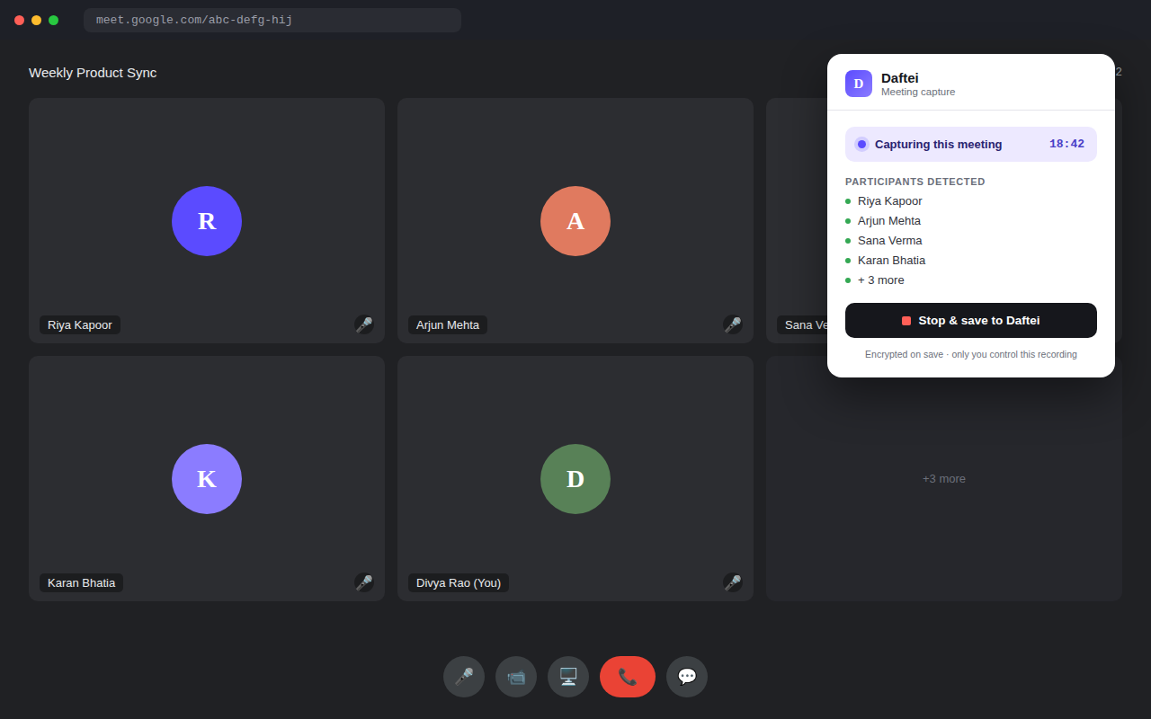 The daftei Chrome extension running on a Google Meet call, capturing the meeting and detecting participants in real time